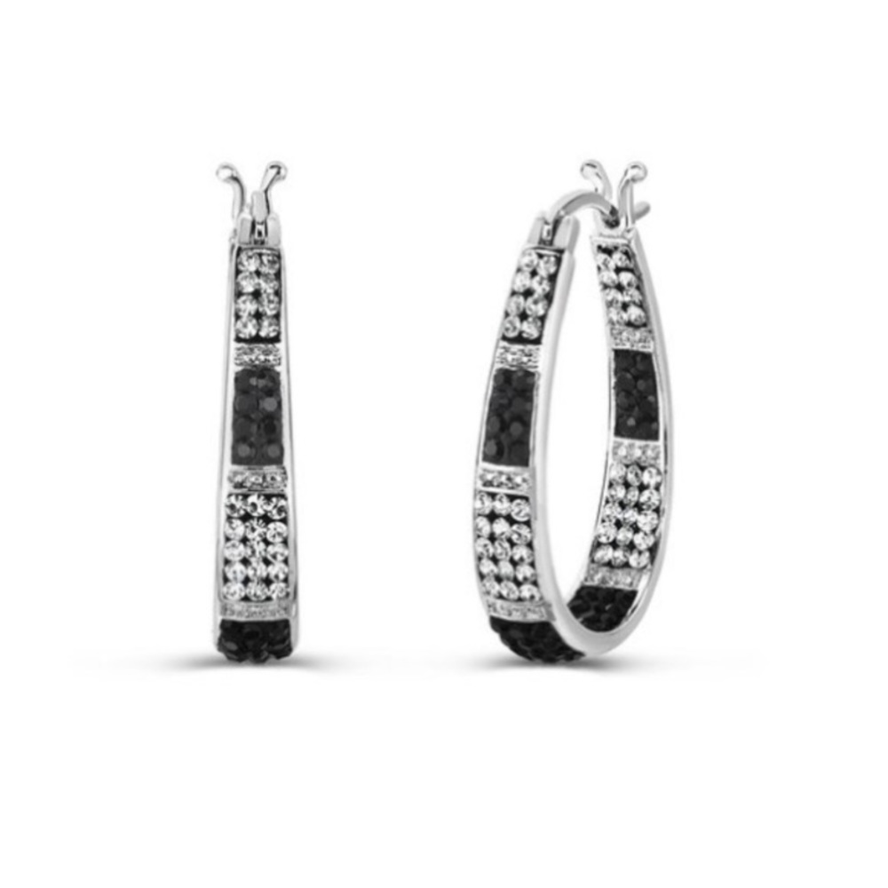 Black & Silvertone Hoop Earrings w/ Swarovski